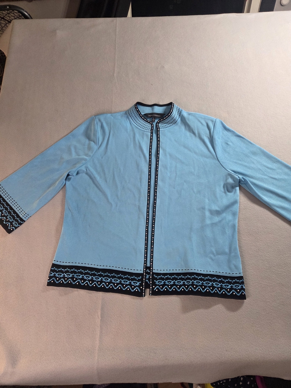 Ming Wang Textured Knit Open Front Cardigan - Light Blue w/ Black Dotted Trim,